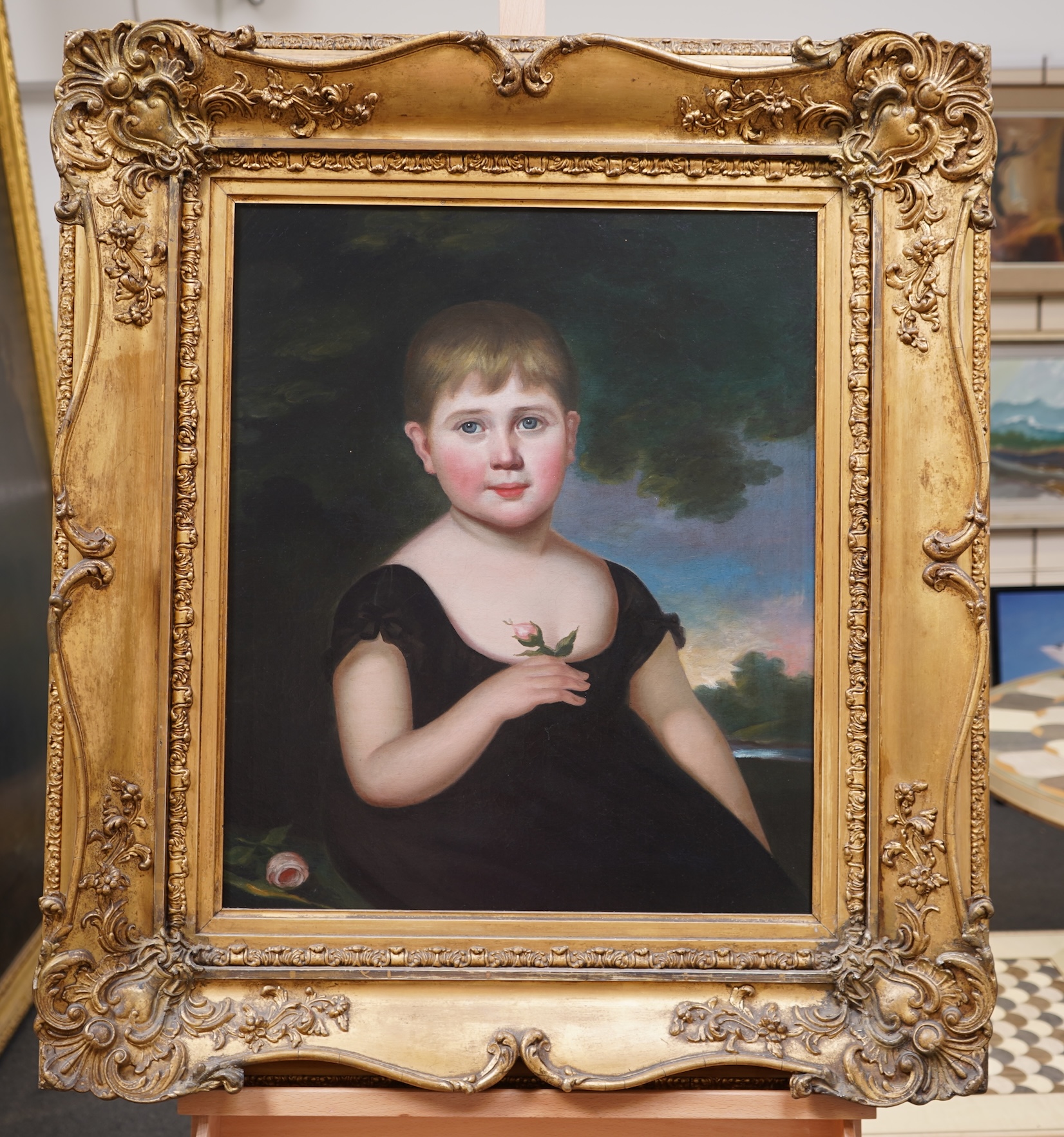 English School, 19th century, A portrait of a young child holding a posy